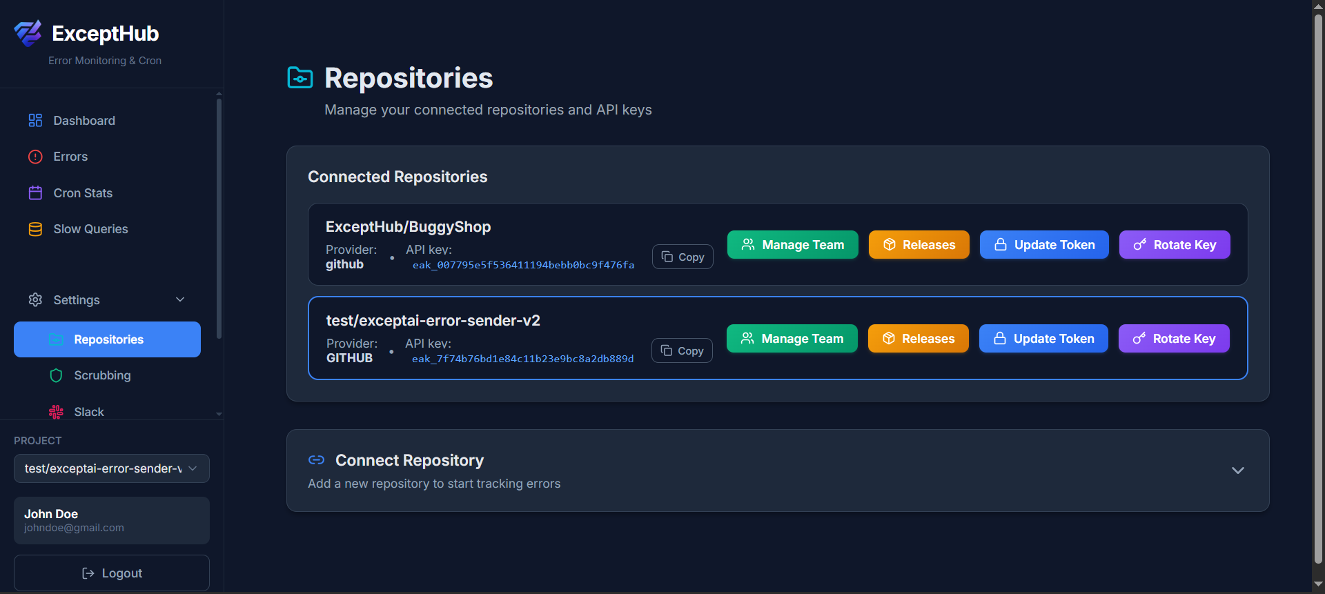 ExceptHub Repository Management - Monitor multiple projects