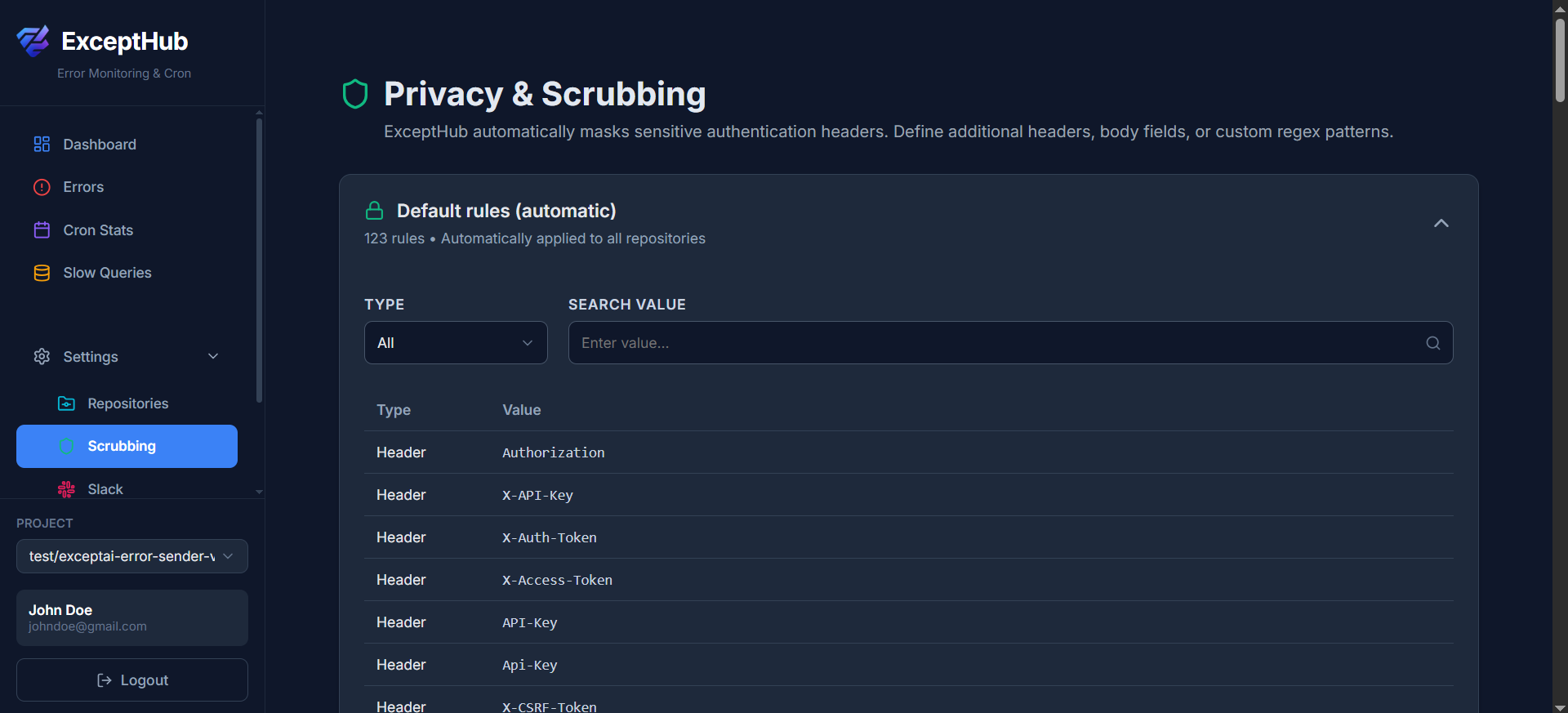 ExceptHub Data Scrubbing - Protect sensitive information
