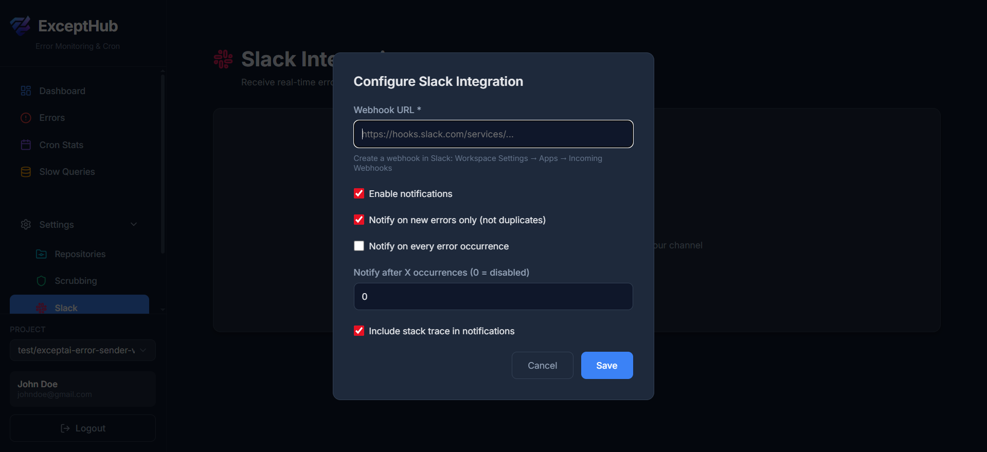 ExceptHub Slack Integration - Real-time notifications